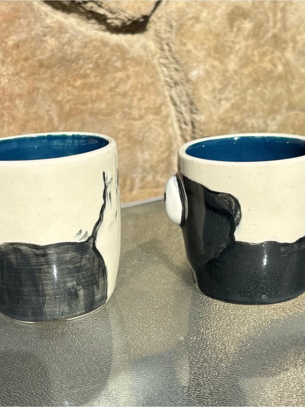 Ceramic 3D Eye Elephant Mugs Black Blue White Color Set of 2, 12 Oz 10 Oz